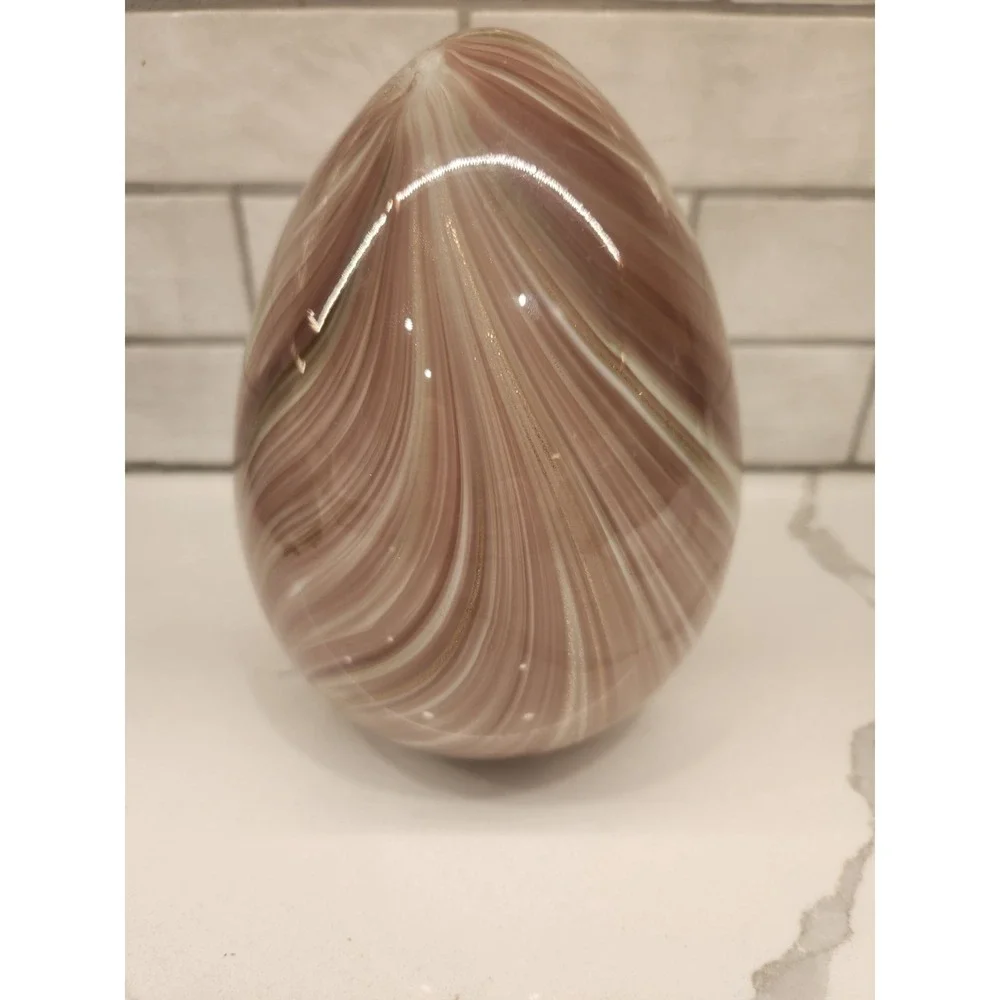 Art Glass Easter Egg Pink & White Swirl With‎ Gold Flakes Hand Blown Decor 7.5